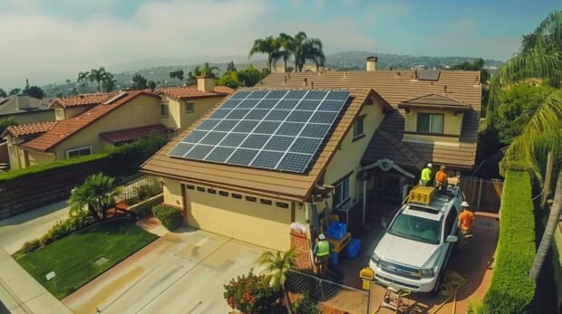 house near imperial bearch San Diego CA solar installation almost complete with Employees